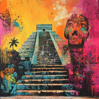 Ancient Mayan ruins of Chichen Itza reimagined in vibrant graffiti art style - Image 1