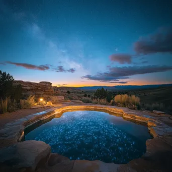 Mineral pool illuminated during twilight with stars above. - Image 4