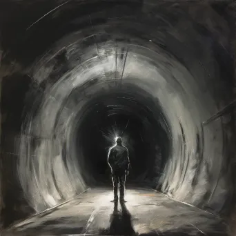 Figure at entrance of brightly lit tunnel with darkness behind - Image 1