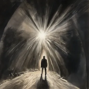 Figure at entrance of brightly lit tunnel with darkness behind - Image 3