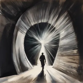 Figure at entrance of brightly lit tunnel with darkness behind - Image 4