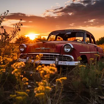 Rusty abandoned car surrounded by wildflowers and tall grass during sunset - Image 1