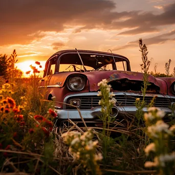 Rusty abandoned car surrounded by wildflowers and tall grass during sunset - Image 2