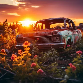 Rusty abandoned car surrounded by wildflowers and tall grass during sunset - Image 3