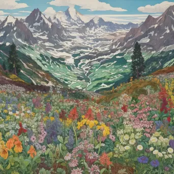 Colorful Alpine landscape with snow-capped peaks and vibrant wildflowers - Image 2