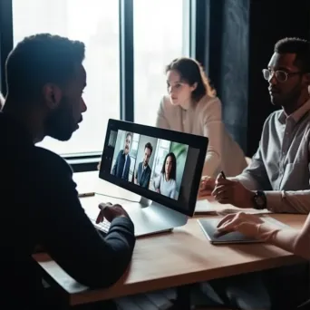 Virtual team meeting with diverse professionals communicating online through video conferencing - Image 1