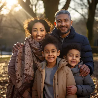 A loving multicultural family posing in a sunny park - Image 1