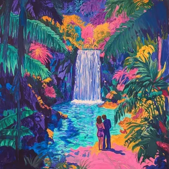 Gouache painting of lovers separated by a waterfall in a vibrant rainforest - Image 1