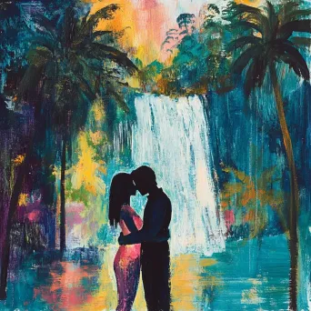 Gouache painting of lovers separated by a waterfall in a vibrant rainforest - Image 2