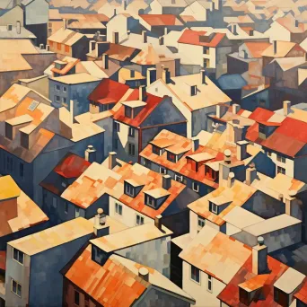 Pointillist painting presenting an overhead perspective of urban rooftops under morning sunlight casting long shadows - Image 4