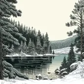 Tranquil lake with snow-covered pine trees under a winter sky - Image 4