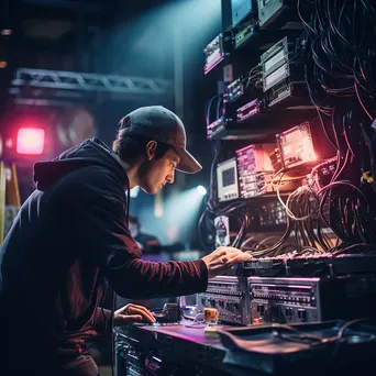 Stage hand preparing lighting with technical equipment before a show. - Image 3