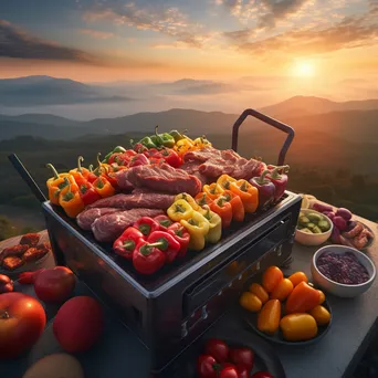 Grill loaded with bell peppers and meats against a sunset sky - Image 1