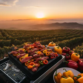 Grill with Bell Peppers and Marinated Meats at Sunset