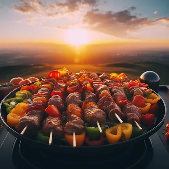 Grill loaded with bell peppers and meats against a sunset sky - Image 3