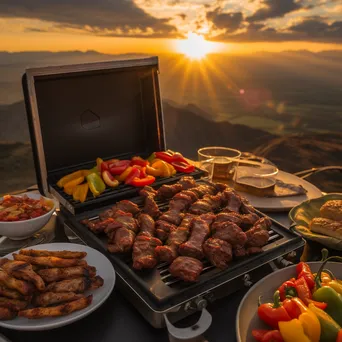 Grill loaded with bell peppers and meats against a sunset sky - Image 4