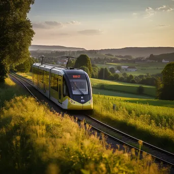 Tram navigating through tranquil countryside landscape at golden hour. - Image 1