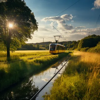 Tram navigating through tranquil countryside landscape at golden hour. - Image 2