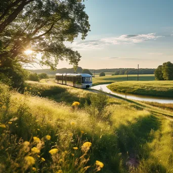 Tram navigating through tranquil countryside landscape at golden hour. - Image 4