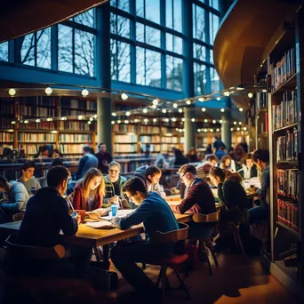 Students studying and collaborating in an active academic library. - Image 1