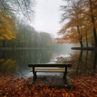 Empty park bench by serene pond covered in autumn leaves - Image 3