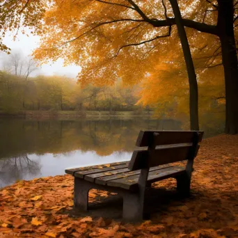 Empty park bench by serene pond covered in autumn leaves - Image 4