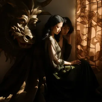 Figures in shadows whispering a plot against a Chinese dragon tapestry backdrop - Image 1