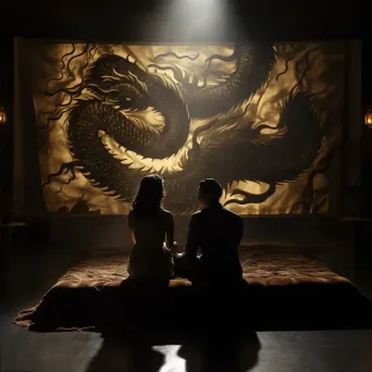 Figures in shadows whispering a plot against a Chinese dragon tapestry backdrop - Image 2