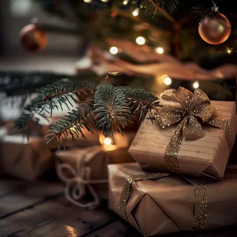 Well-wrapped holiday gifts placed under a Christmas tree. - Image 1