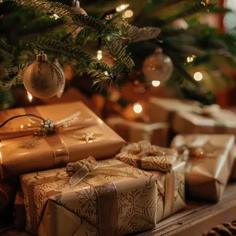 Well-wrapped holiday gifts placed under a Christmas tree. - Image 2