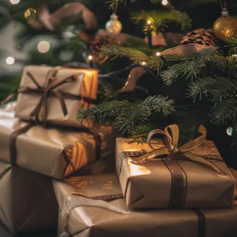 Well-wrapped holiday gifts placed under a Christmas tree. - Image 3