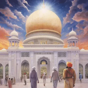 Peaceful Sikh gurdwara with golden dome and worshippers in colorful turbans - Image 1