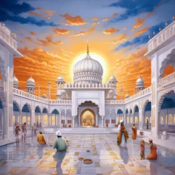 Peaceful Sikh gurdwara with golden dome and worshippers in colorful turbans - Image 2