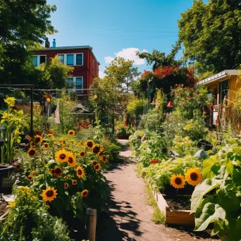 Urban community garden with diverse produce, flowers, and gardeners - Image 1