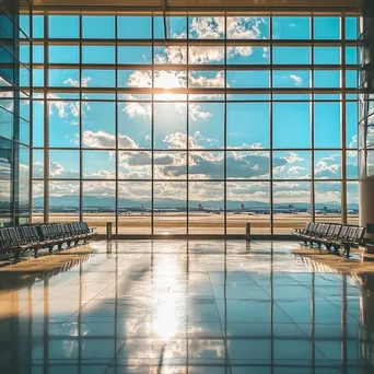 Empty airport lounge with large windows and runway views - Image 4