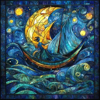 Stained glass artwork of the enchanting Dreamweaver weaving dreams into twilight colors - Image 1