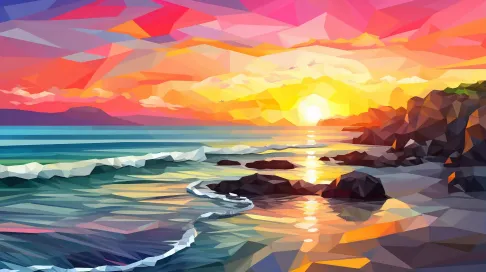 Vibrant low poly beach at sunrise - Image 1