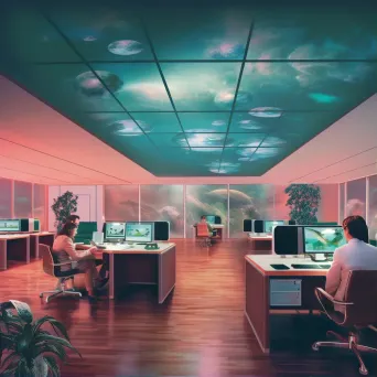 Image of a 1960s-style office space with floating desks and holographic computers - Image 1