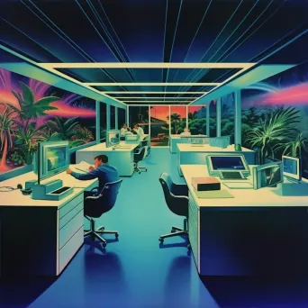 Image of a 1960s-style office space with floating desks and holographic computers - Image 4