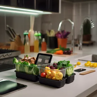 View of a meal prep station with fresh ingredients in a modern kitchen. - Image 1