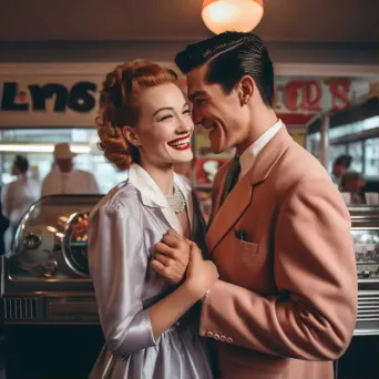 Vintage portrait of a retro couple dancing at a diner with a jukebox - Image 1