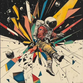 Artwork depicting the first space walk in geometric Vorticist style - Image 1