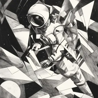 Artwork depicting the first space walk in geometric Vorticist style - Image 3