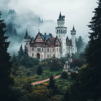 Misty castle surrounded by gardens - Image 1