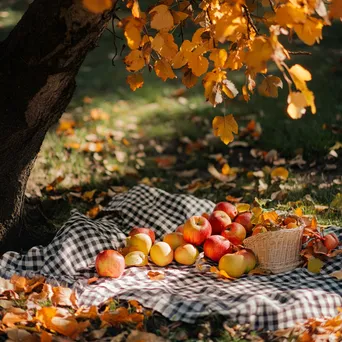 Outdoor picnic with a checkered blanket, apples, and autumn leaves - Image 2