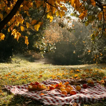 Outdoor picnic with a checkered blanket, apples, and autumn leaves - Image 3