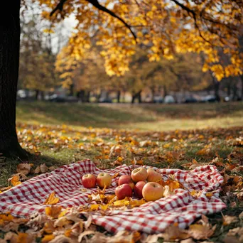 Outdoor picnic with a checkered blanket, apples, and autumn leaves - Image 4