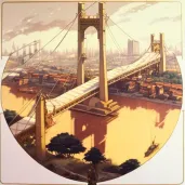 Suspension bridge over wide river with city buildings - Image 2