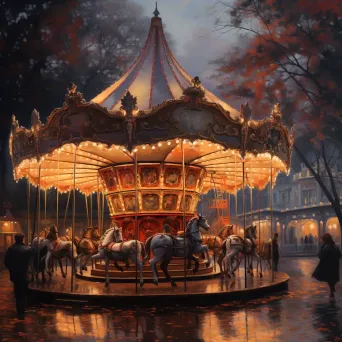 Detailed vintage carousel under twilight painted on canvas - Image 1