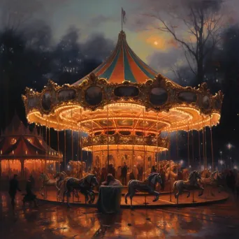 Detailed vintage carousel under twilight painted on canvas - Image 3